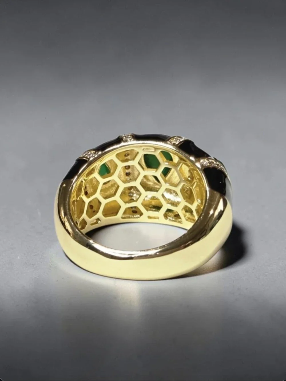18k Gold Plated Luxury Onyx Enamel Green Onyx Cabochon Domed Statement Ring